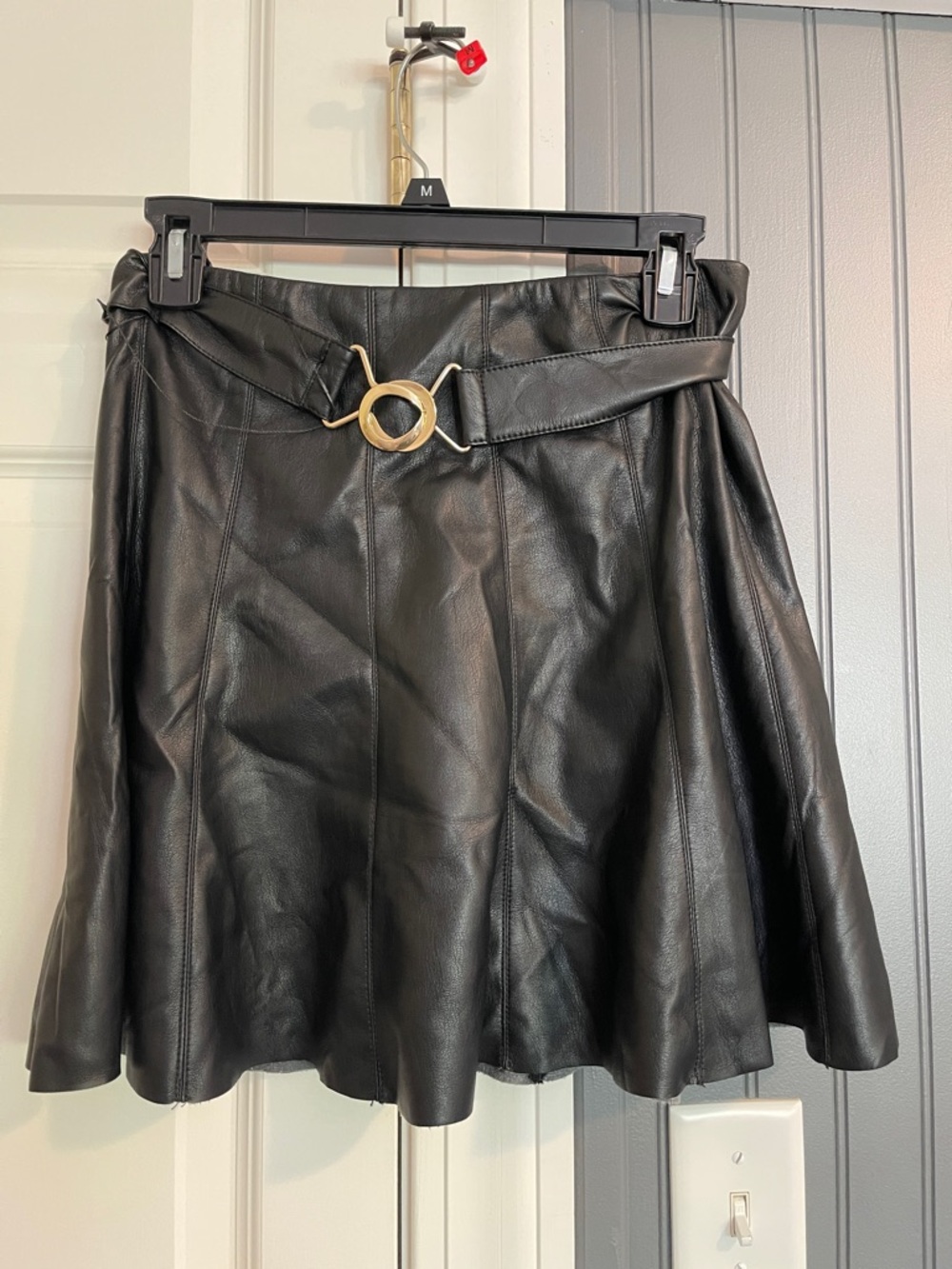 House of Harlow 1960 Black Faux Leather A-Line Skirt with Gold Ring Detail